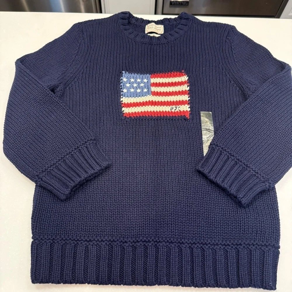 Ralph Lauren Unisex Kids Iconic Flag Sweater Crew Neck Cotton Sz M